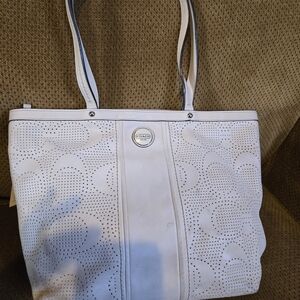 Coach White Perforated Leather Tote with Center Logo